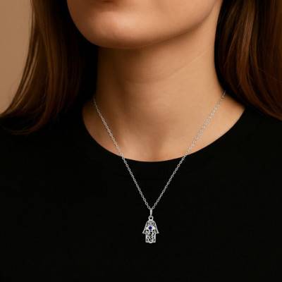 Steel & Blue Zirconium Oxide Hamsa Hand Necklace, Length 50 cm - Emanessence