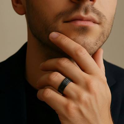 Black Steel & Black Zirconium Oxide Grooved Ring - Emanessence