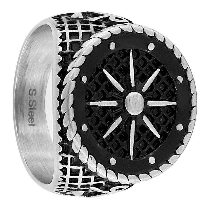 Black Compass Rose Stainless Steel Signet Ring - Emanessence