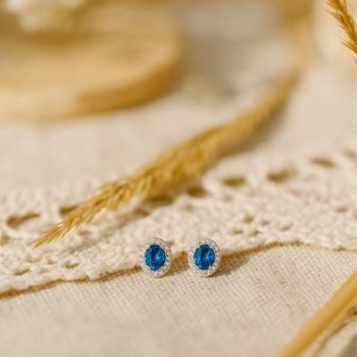 Boucles d'Oreilles Puces Rondes en Argent 925 & Oxyde de Zirconium Bleu et Zircons - Emanessence