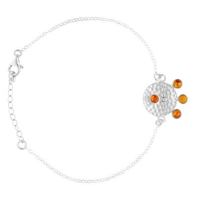 925 Silver Hammered Medallion & Amber Bracelet, Adjustable 16 to 18 cm - Naïades
