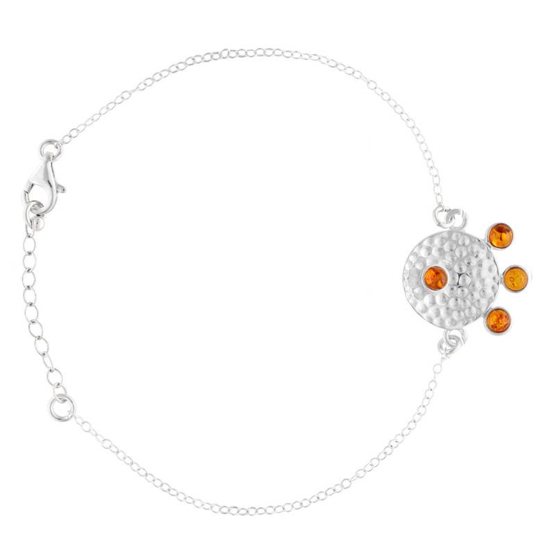 925 Silver Hammered Medallion & Amber Bracelet, Adjustable 16 to 18 cm - Naïades