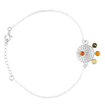 Bracelet Médaillon Martelé et Ambre Mix en Argent 925, Longueur de 16 à 18 cm - Naïades