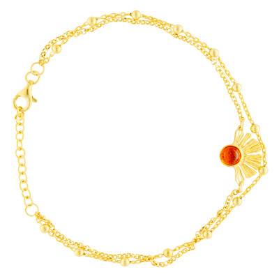 Bracelet Double Chaîne en Argent 925 Doré et Pendentif Ambre, Longueur 18 à 22 cm - Naïades