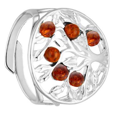 925 Silver Amber Adjustable Tree of Life Ring, Size 56 - Naïades