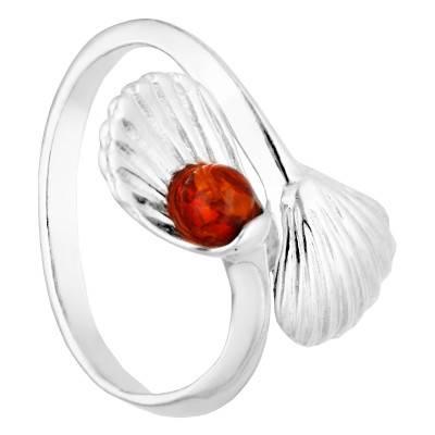 Bague Coquillage & Pierre d'Ambre en Argent 925 Rhodié, Taille 54 - Naïades