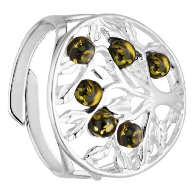 Bague Ajustable Arbre de Vie Ambre Vert en Argent 925, Taille 56 - Naïades