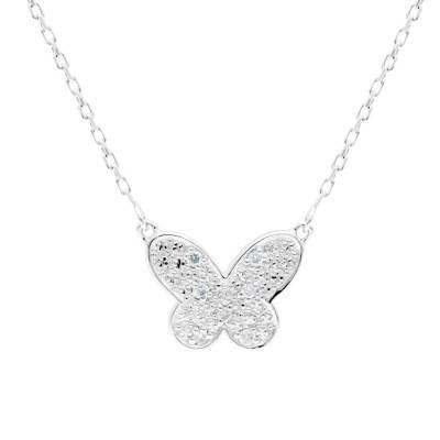 Collier Papillon en Or Blanc 375 & Diamants 0,02 ct, Longueur 42 cm - Emanessence