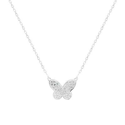 Collier Papillon en Or Blanc 375 & Diamants 0,02 ct, Longueur 42 cm - Emanessence