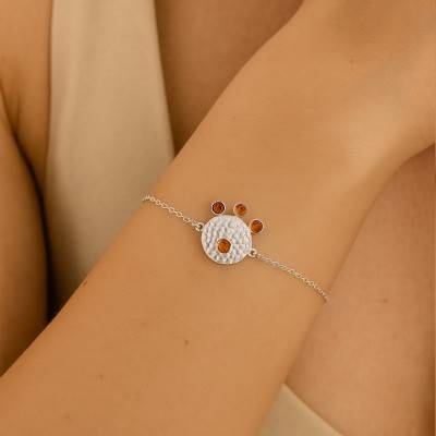 925 Silver Hammered Medallion & Amber Bracelet, Adjustable 16 to 18 cm - Naïades