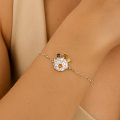 Bracelet Médaillon Martelé et Ambre Mix en Argent 925, Longueur de 16 à 18 cm - Naïades