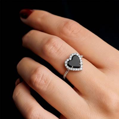 925 Rhodium-Plated Silver & Cubic Zirconia Heart Ring Size 58 - Emanessence