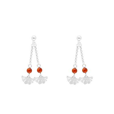 Boucles d'Oreilles Double Ginkgo Ambre en Argent 925 - Naïades