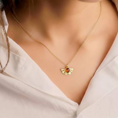 Collier Feuille Gingko et Pierre d'Ambre en Argent 925 Doré, Longueur 50 à 57 cm - Naïades