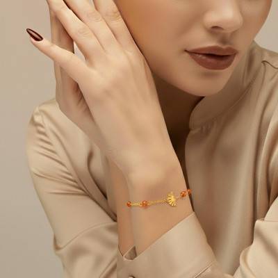 Bracelet Feuille Ginkgo et Ambre en Argent 925 Doré, Longueur de 16 cm à 18 cm - Naïades