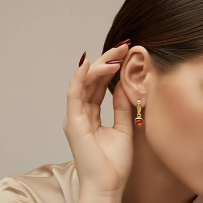 Boucles d'Oreilles Boule Ambre Cognac en Argent 925 Doré - Naïades