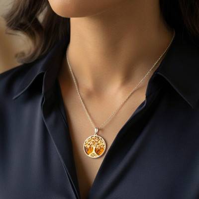 Pendentif Rond Arbre de Vie en Ambre en Argent 925 - Naïades