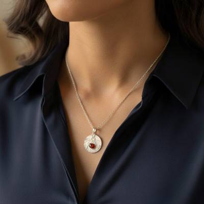 Médaille Striée en Argent 925 Rhodié et Pierre d'Ambre - Naïades