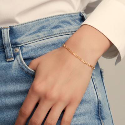 Bracelet Maille Rectangulaire Longue en Plaqué Or Jaune 750, Longueur 18 cm - Emanessence