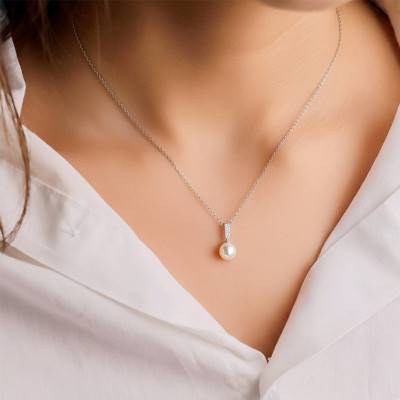 Collier en Argent 925 & Perle et Oxydes de Zirconium, Longueur 37 cm - Emanessence