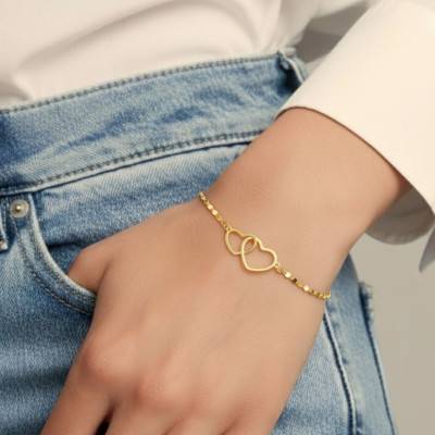 Bracelet Double Coeur en Argent 925 Plaqué Or, Longueur 16 à 19 cm - Emanessence