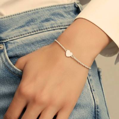 Bracelet Coeur Chaîne Corde en Argent 925, Longueur 16 à 19 cm - Emanessence
