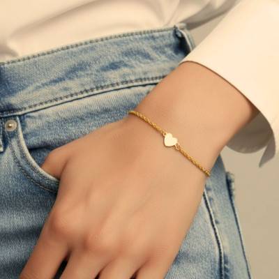 Bracelet Coeur Chaîne Corde en Argent 925 Plaqué Or Jaune, Longueur 16 à 19 cm - Emanessence