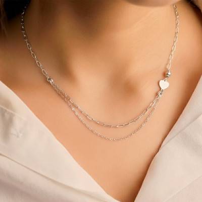 Collier Coeur Double Chaîne en Argent 925, Longueur 40 cm - Emanessence