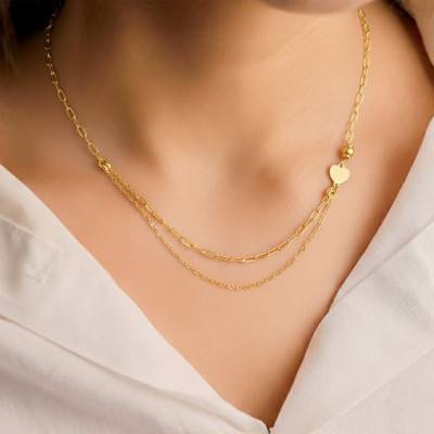 Collier Coeur Double Chaîne en Argent 925 Plaqué Or Jaune, Longueur 40 cm - Emanessence