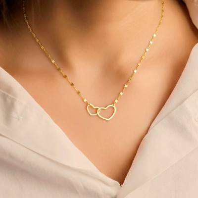 Collier Double Coeur en Argent 925 Plaqué Or Jaune, Longueur 40 cm - Emanessence