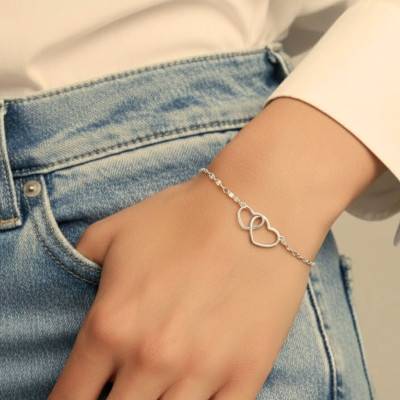 Bracelet Double Coeur en Argent 925, Longueur 16 à 19 cm - Emanessence