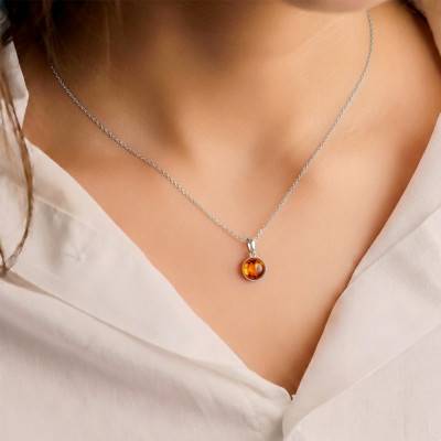 Pendentif Boule Ambre Cognac en Argent 925 Rhodié - Naïades