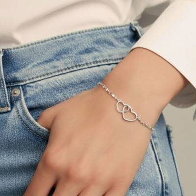 Bracelet Double Coeur en Argent 925, Longueur 16 à 19 cm - Emanessence