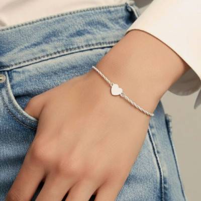 Bracelet Coeur Chaîne Corde en Argent 925, Longueur 16 à 19 cm - Emanessence
