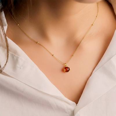 Collier Boule d'Ambre en Argent 925 Doré, Longueur 46 à 51 cm - Naïades