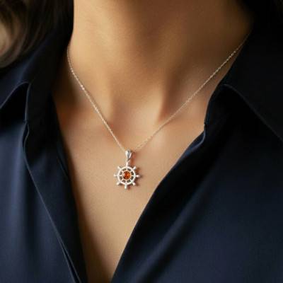 Pendentif Gouvernail Ambre en Argent 925 - Naïades