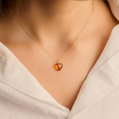 Pendentif Cœur Ambre en Argent 925 Doré - Naïades