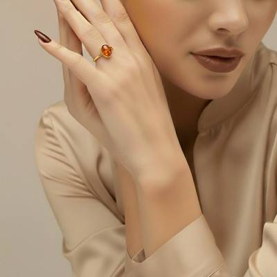 Bague Pierre d'Ambre Ovale en Argent 925 Doré, Taille 52 - Naïades