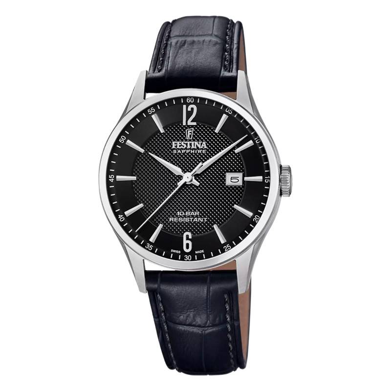 Men's Black Leather Swiss Made Collection Watch F20007/4 - Festina Swiss Made