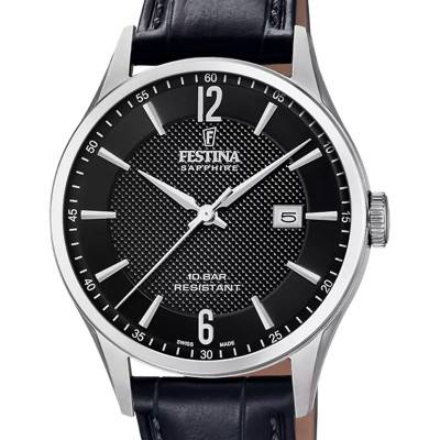 Men's Black Leather Swiss Made Collection Watch F20007/4 - Festina Swiss Made