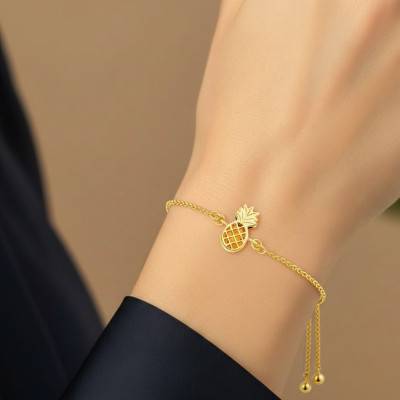 Bracelet Ananas et Ambre en Argent 925 Doré, Longueur Ajustable - Naïades
