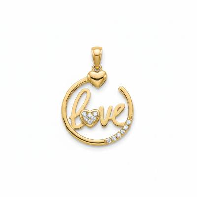 750 Yellow Gold Round Openwork Love & Hearts Pendant with Cubic Zirconia - Emanessence