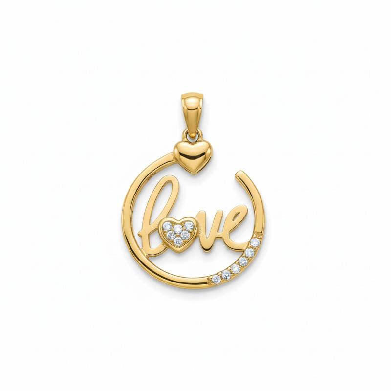 750 Yellow Gold Round Openwork Love & Hearts Pendant with Cubic Zirconia - Emanessence