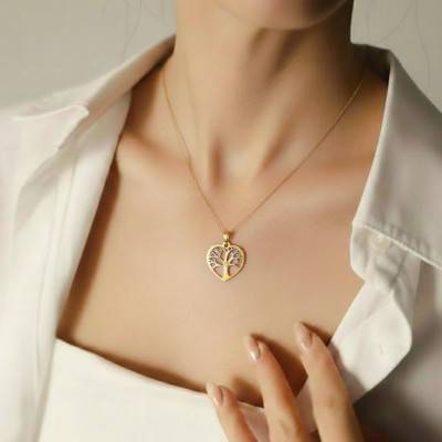 Two-Tone 750 Gold Heart & Tree of Life Pendant with Cubic Zirconia - Emanessence
