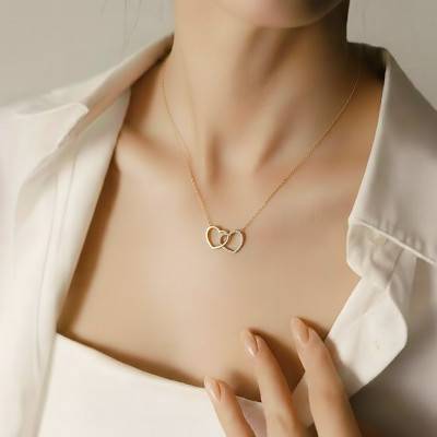 Yellow Gold-Plated Double Hearts & Cubic Zirconia Necklace, Length 42 cm - Emanessence