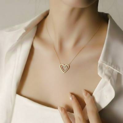 Yellow & White 375/1000 Gold Double Hearts Necklace, Length 42 cm - Emanessence
