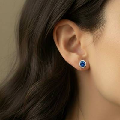 Boucles d'Oreilles Puces Rondes en Argent 925 & Oxyde de Zirconium Bleu et Zircons - Emanessence