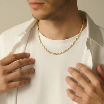 Chaîne Maille 3 Tresses en 2 Ors 375, Longueur 46 cm, Largeur 3,50 mm - Emanessence