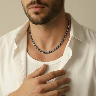 Chaîne Maille Double en Argent Oxydé, Longueur 56 cm - Emanessence