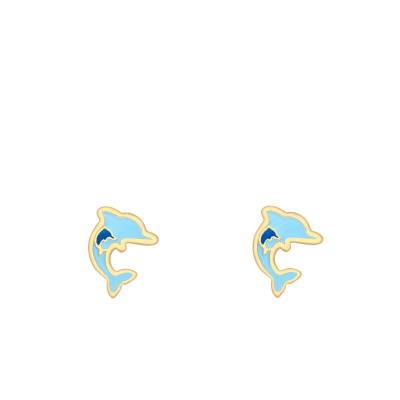 Boucles d'Oreilles Dauphin en Or Jaune 375 & Email Bleu - Bambins